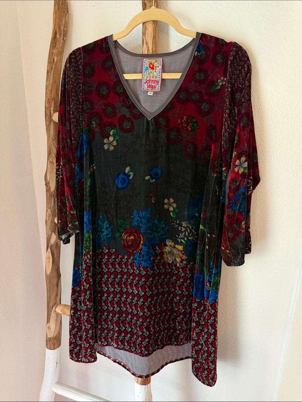 Johnny Was Burgundy Grey Blue Floral Silk Velvet 3/4 Sleeve Relaxed Mini Dress S